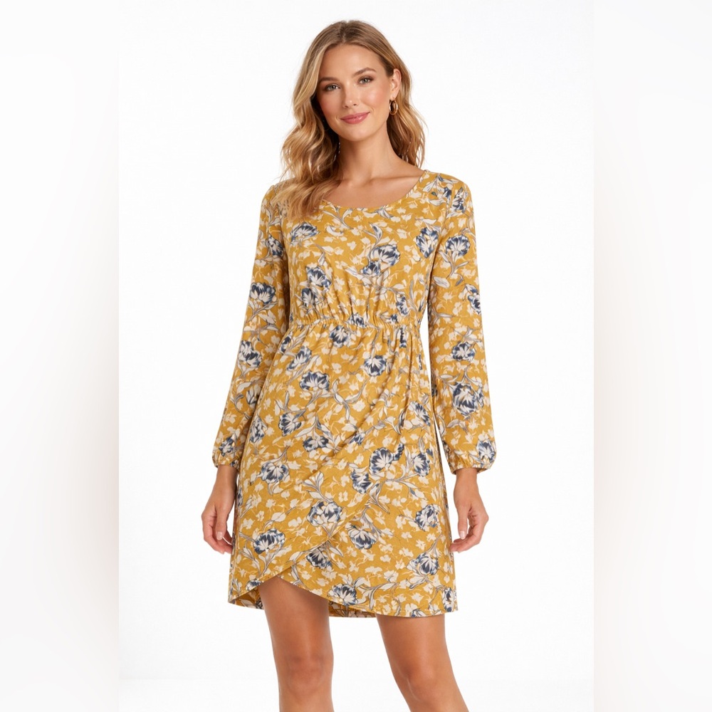 J. Crew Factory Mustard Floral Long Sleeve Empire Waist Faux Wrap Dress 14